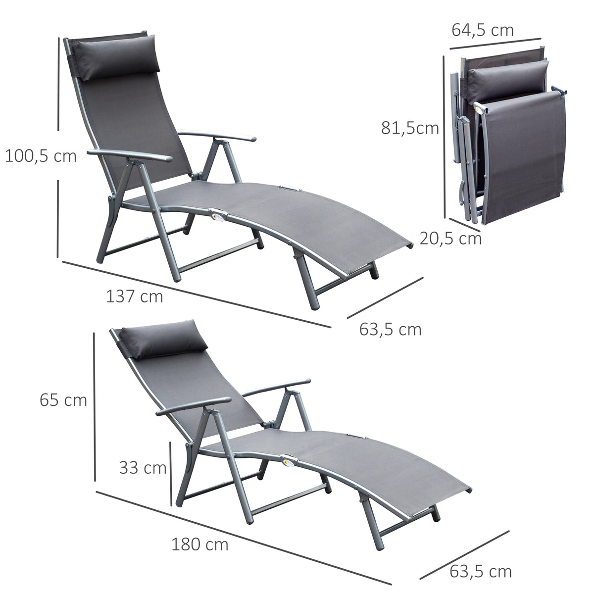 Sonnenliege klappbar Strandliege mit Kissen Liegestuhl mit 7-Fach verstellbare Rückenlehne Gartenliege Relaxliege Gartenstuhl bis 165 kg belastbar, für Garten Urlaub Outdoor Strand Pool, Grau