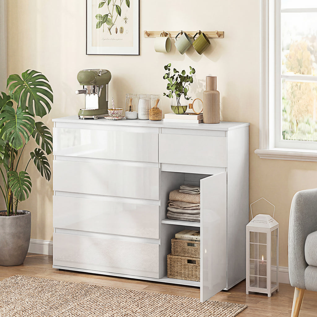 Modernes Sideboard, Stauraum-Sideboard mit 5 Schubladen, verstellbarem Regal, Soft-Close-Tür, Weiß Hochglanz