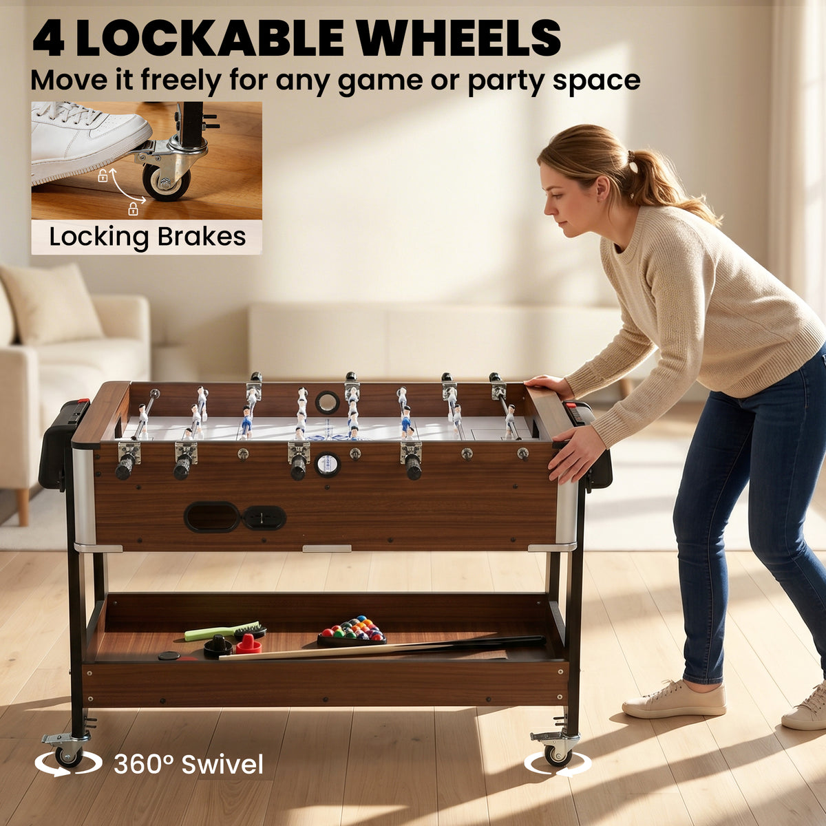 3-in-1 Multi Spieltisch drehbar Multifunktionstisch mit Billardtisch Tischfußball Airhockey Ablagefach