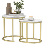 Nest of Tables with Steel Frame and Faux Marble Tabletop, Modern Coffee Table Set of 2, Gold Tone/White