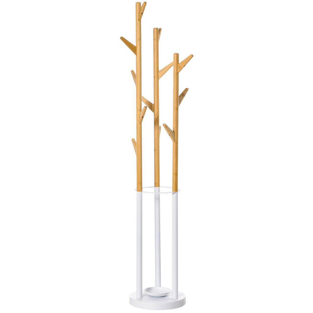 Garderobenst?nder, Kleiderst?nder mit 12 Haken und Schirmst?nder, Garderobe in Baumform, moderner Jackenst?nder f¨¹r Kleidung, Hut, Tasche, f¨¹r Wohnzimmer, Schlafzimmer, Bambus, Natur+Wei?