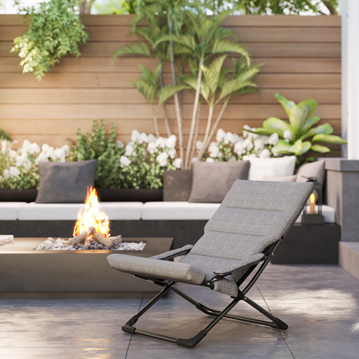  Gartenstuhl aus Metall Klappstuhl mit Auflage abnehmbar wetterfest klappbar Campingstuhl Liegestuhl 120kg Belastbarkeit Sitzmöbel für Garten Terrasse Balkon 66B x 94T x 79H cm Grau