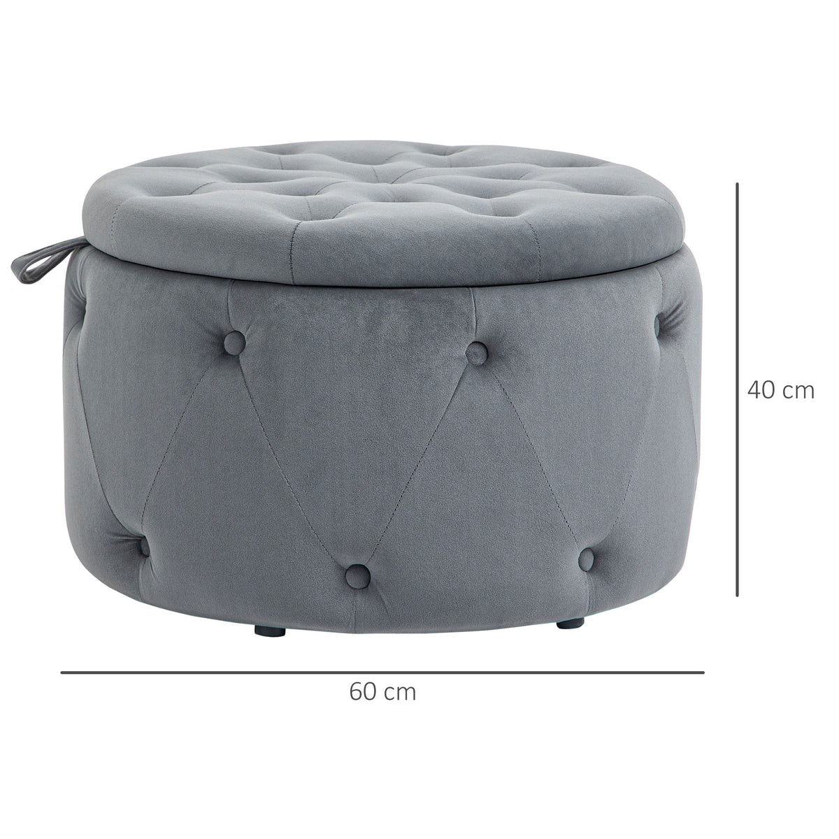 Hocker, rund, mit Staufach, Steppdesign mit Knöpfen, Bezug in Samtoptik, grau, 60 x 60 x 40cm