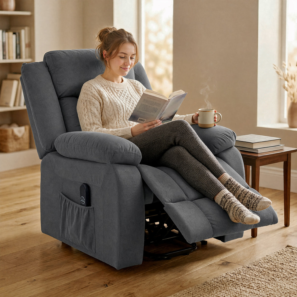Aufstehsessel mit weichem Bezug, Recliner-Sessel mit Fernbedienung und Seitentaschen, Grau