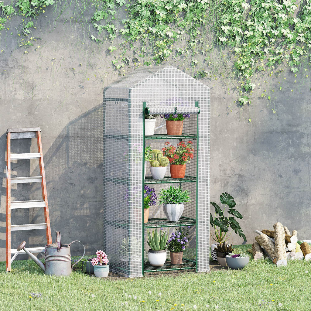 4 Tier Mini Portable Greenhouse Compact Plant Grow Shed Metal Frame PE Cover with Lockable Rolling Wheels, White