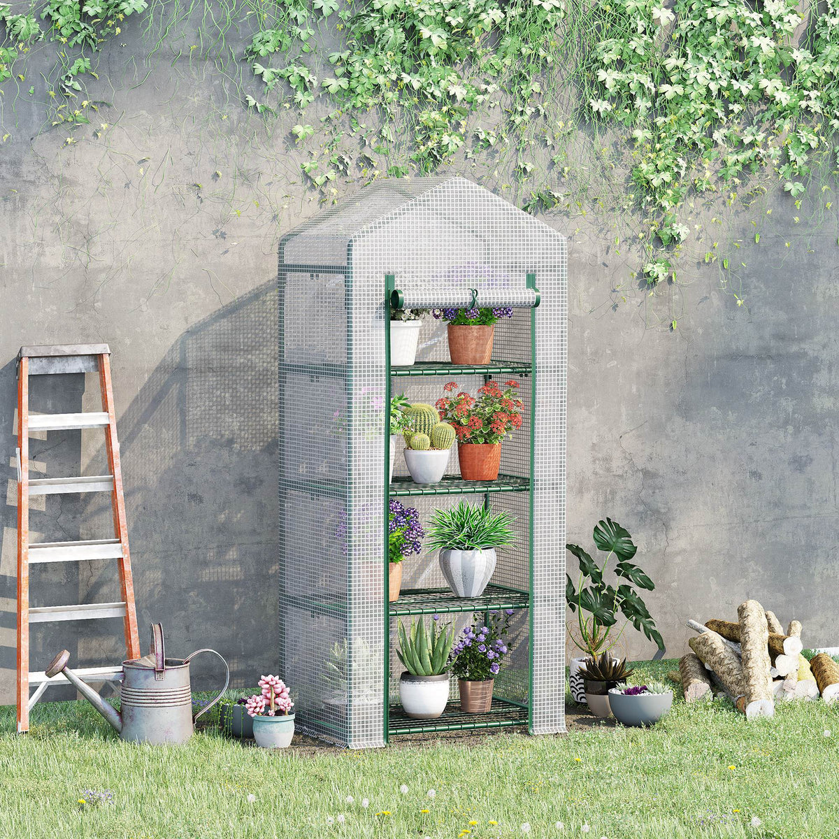 4 Tier Mini Portable Greenhouse Compact Plant Grow Shed Metal Frame PE Cover with Lockable Rolling Wheels, White
