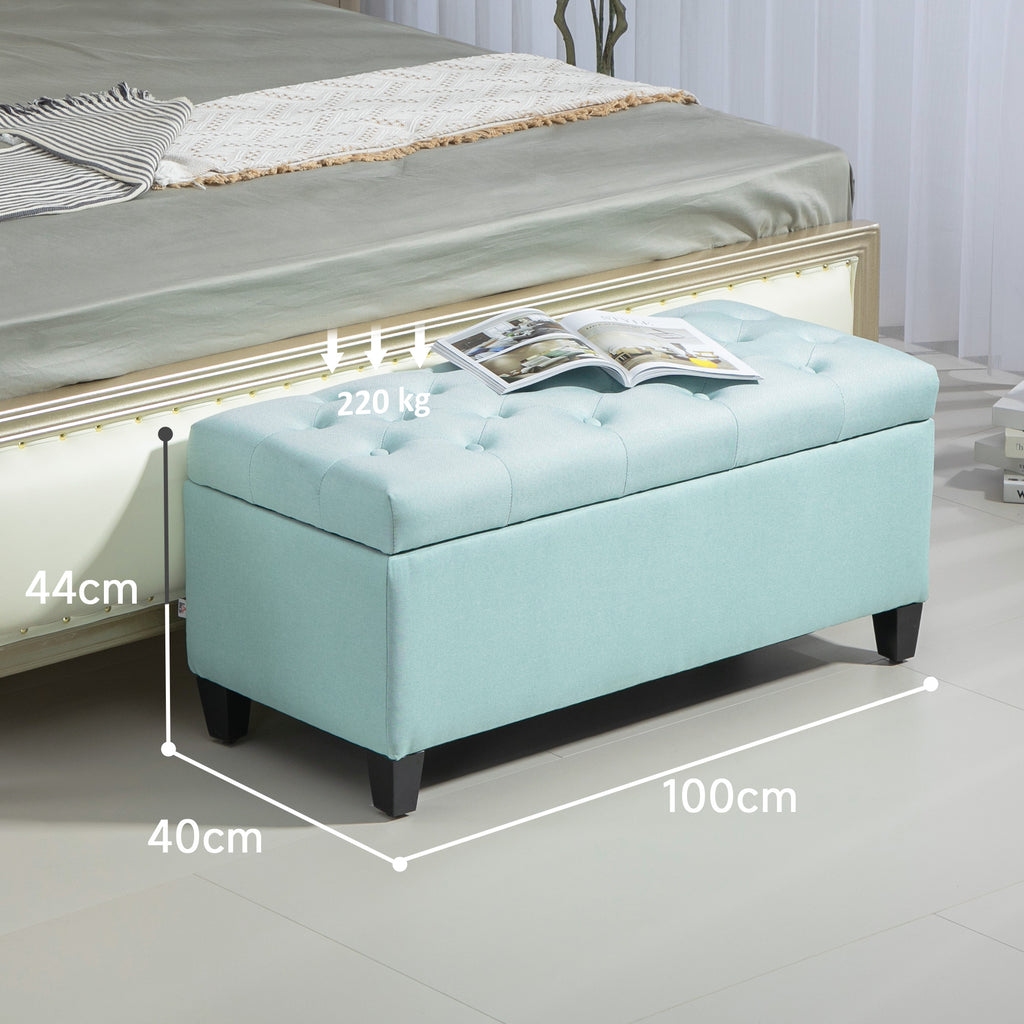 Sitzbank, Polsterbank mit Stauraum, leinenartiges?Polyester, Kautschukholz, 100 x 40 x 44 cm, Gr¨¹n