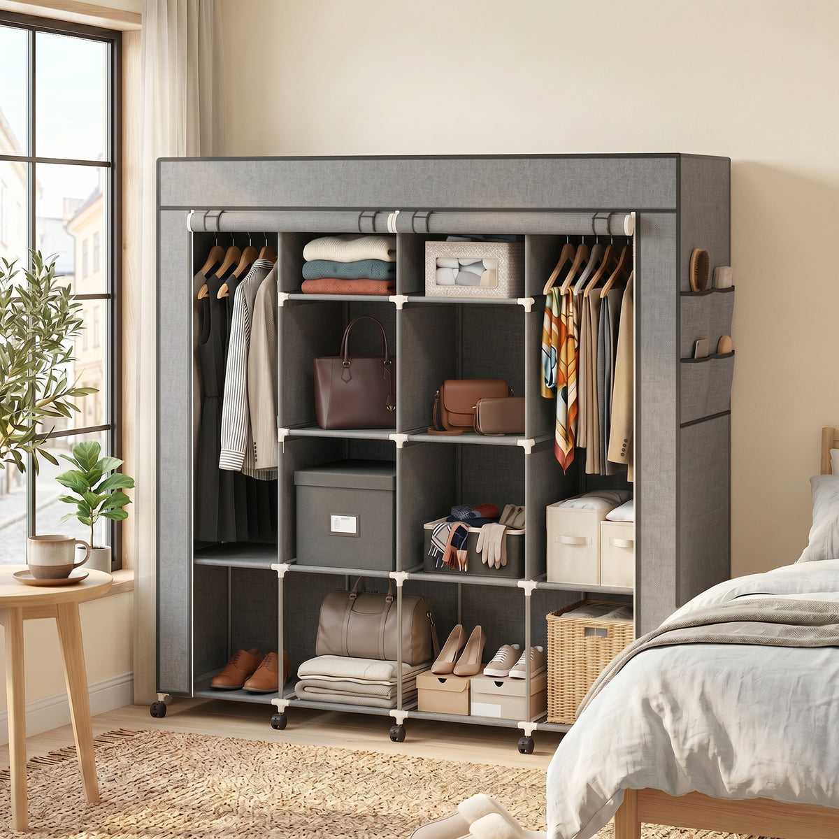 Kleiderschrank Stoffschrank, Türen, 2 Kleiderstangen, 10 Fächer, Grau