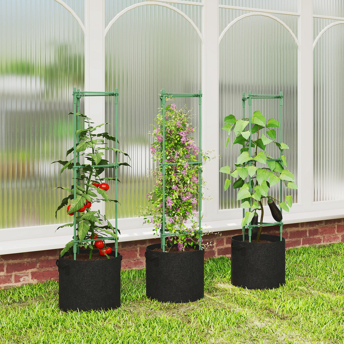 3 Packs Tomato Cages with 83.7L Grow Bags, 120cm Adjutstable Triangle Plant Stakes Support Trellis with Planter Bags
