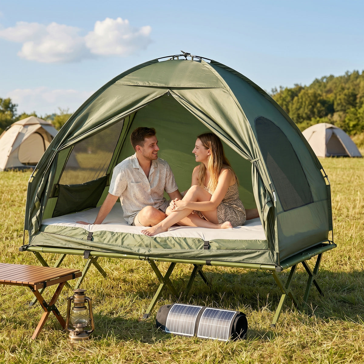 Campingzelt-Set für 2 Personen mit Feldbett und Luftmatratze Grün