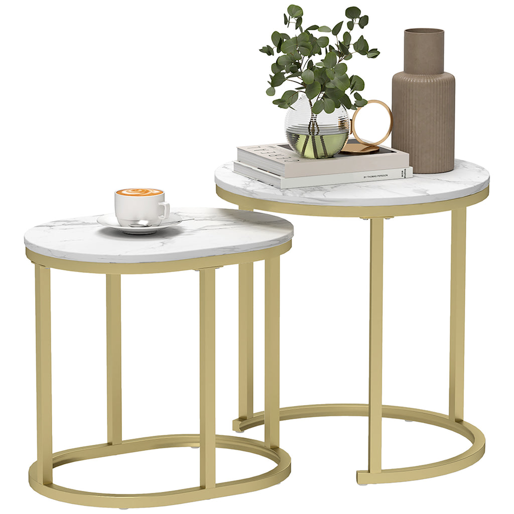 Nest of Tables with Steel Frame and Faux Marble Tabletop, Modern Coffee Table Set of 2, Gold Tone/White