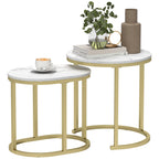 Nest of Tables with Steel Frame and Faux Marble Tabletop, Modern Coffee Table Set of 2, Gold Tone/White