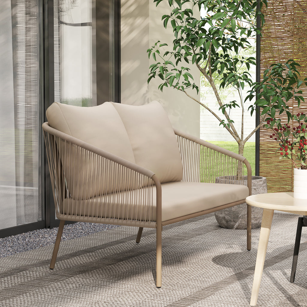 2-Sitzer Rattansofa mit Kissen Loungesofa Sitzgruppe, Wetterfest Couch Beige