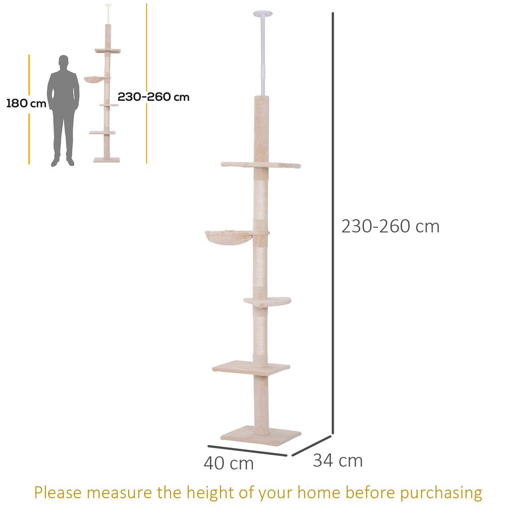 Floor to Ceiling Cat Tree 230-260cm Height Adjustable, 5-Tier Cat Tower with Scratching Posts, Hammock, Perches, Climbing Activity Centre for Indoor Kittens Playing and Relaxing, Beige