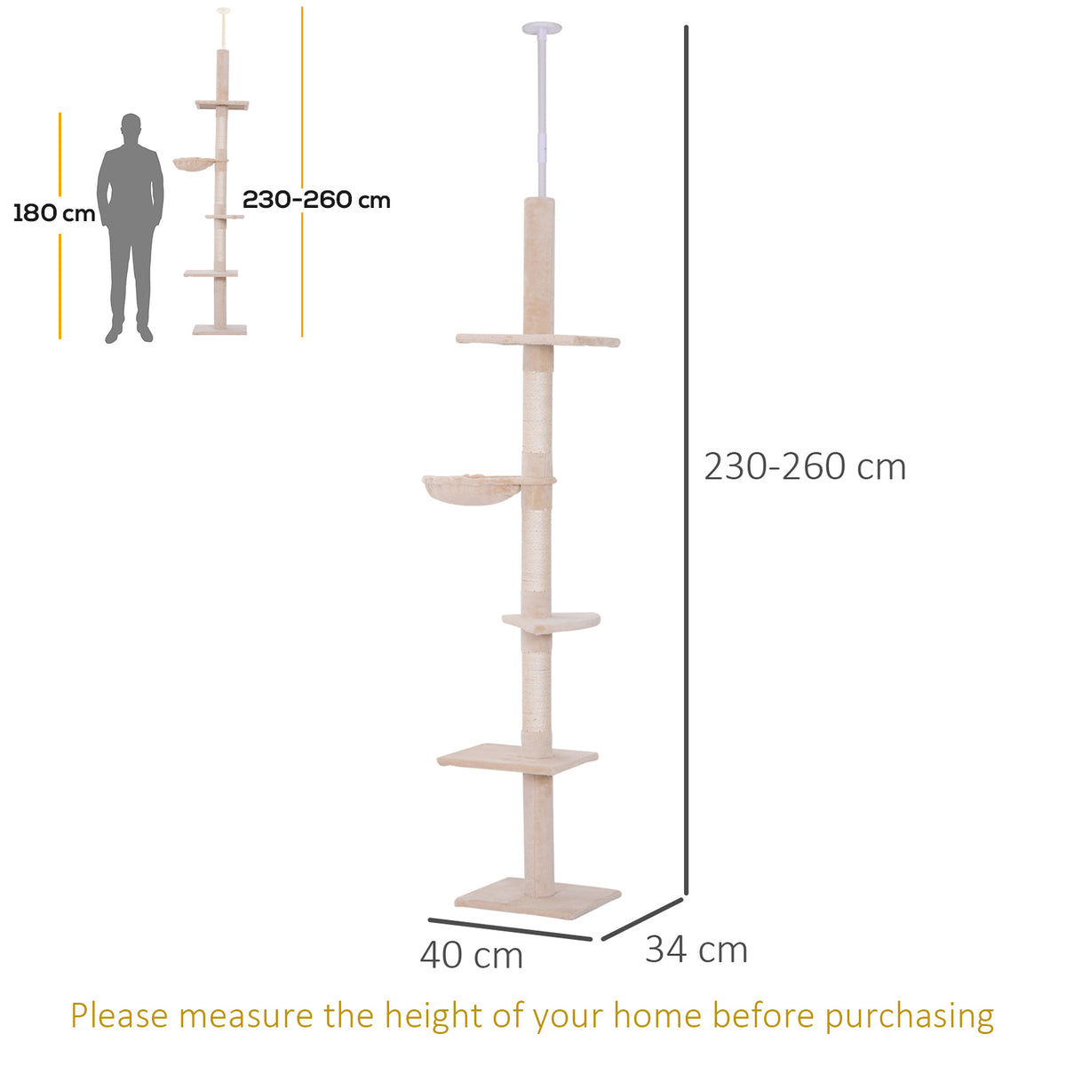 Floor to Ceiling Cat Tree 230-260cm Height Adjustable, 5-Tier Cat Tower with Scratching Posts, Hammock, Perches, Climbing Activity Centre for Indoor Kittens Playing and Relaxing, Beige