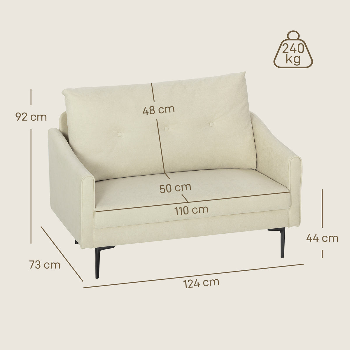 2-Sitzer-Sofa mit Schaumstoff-Polsterung und Stoffbezug, f¨¹r Wohnzimmer, Schlafzimmer, Metallrahmen, Cremewei?