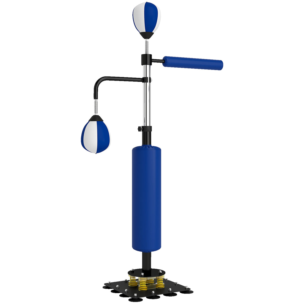 Boxstand, zwei Speedballs, drehbare Boxstange, Kickpolster, höhenverstellbar, Stahl, 107 x 36 x 140-205 cm, Blau