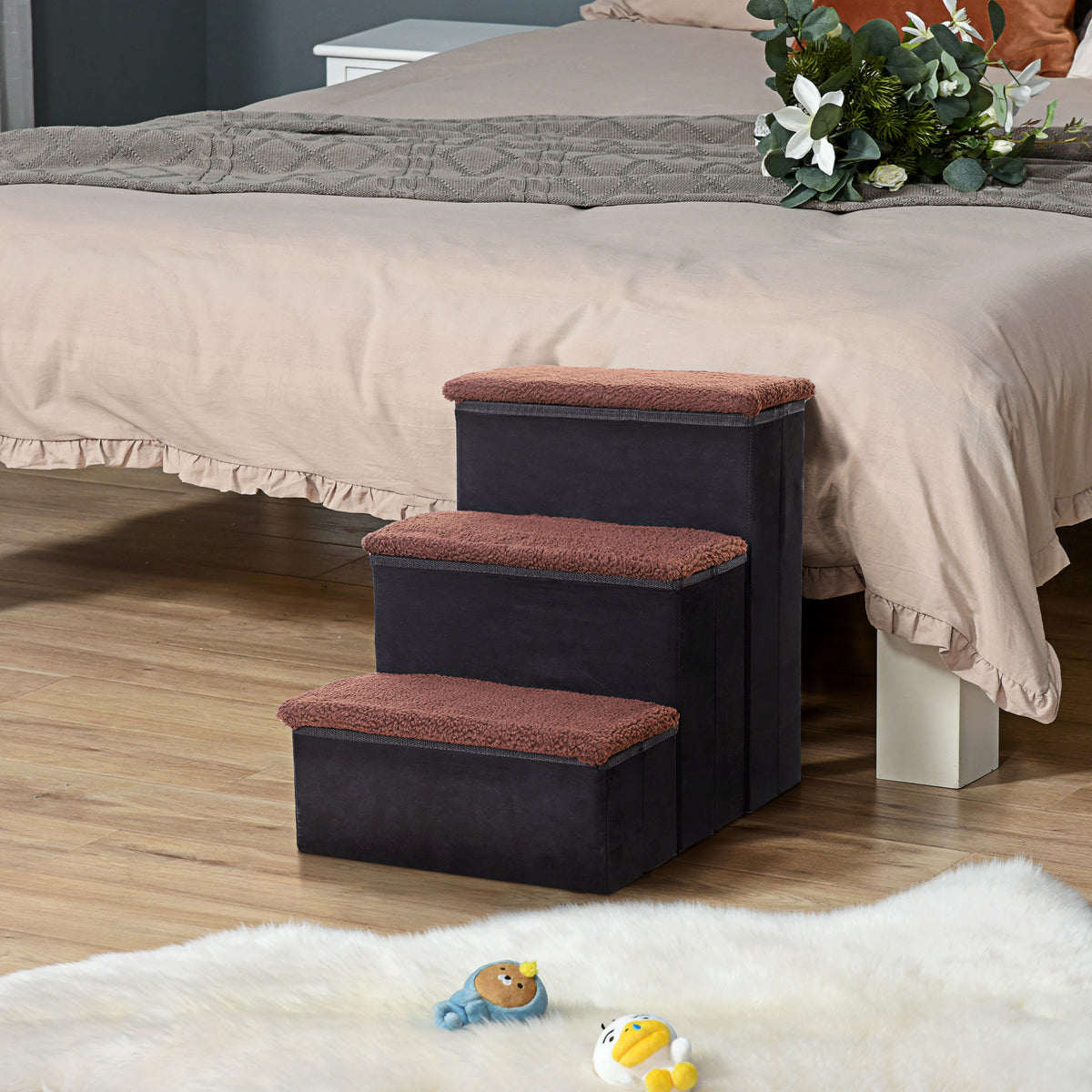  Pet Stairs Washable Fleece Faux Suede Cover 3 Step Dog Cat Foldable Portable Mobility Assistance 41 x 19cm Black