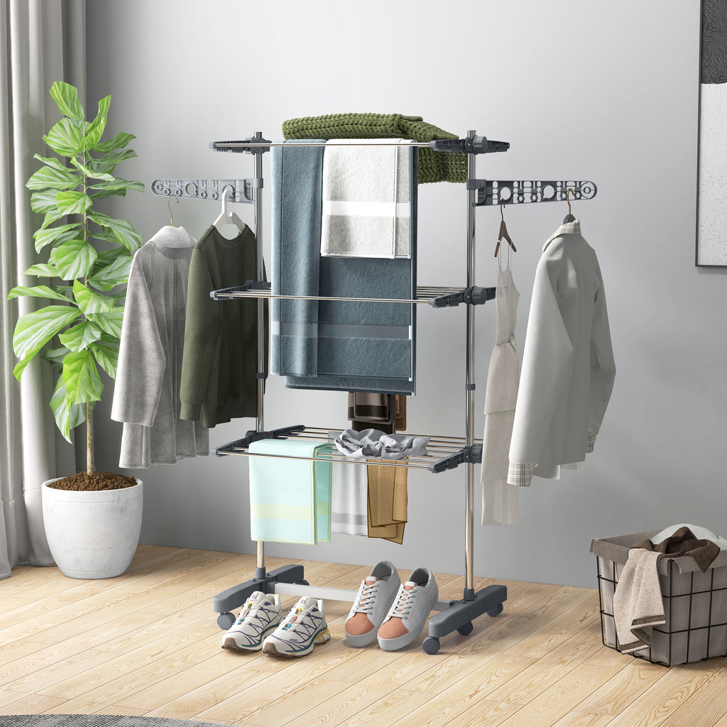 Three-Shelf Collapsing Clothes Horse, With Side Arms and Wheels - Grey