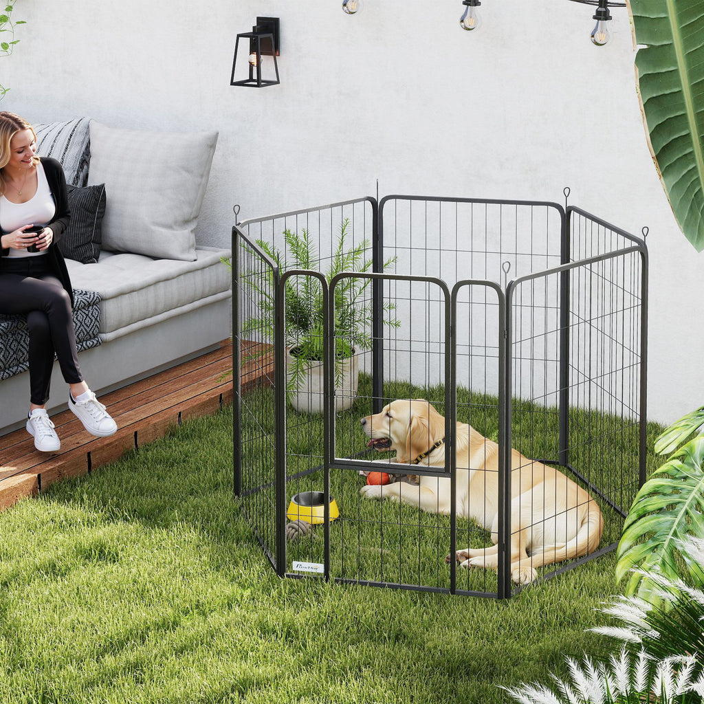 Six-Panel Dog Playpen with Door, for Large Dogs, Indoors, Outdoors, 100cm Tall, Black