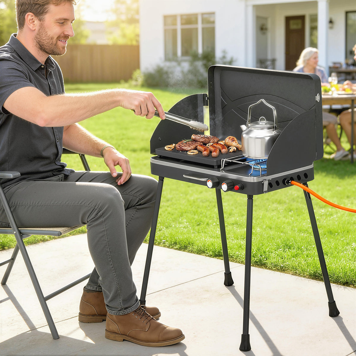 Tragbarer Gasgrill 2 Brenner 7 kW 2-in-1 Tischgrill mit Braten klappbar Beinen Grillrost Windschutz Deckel Verschluss