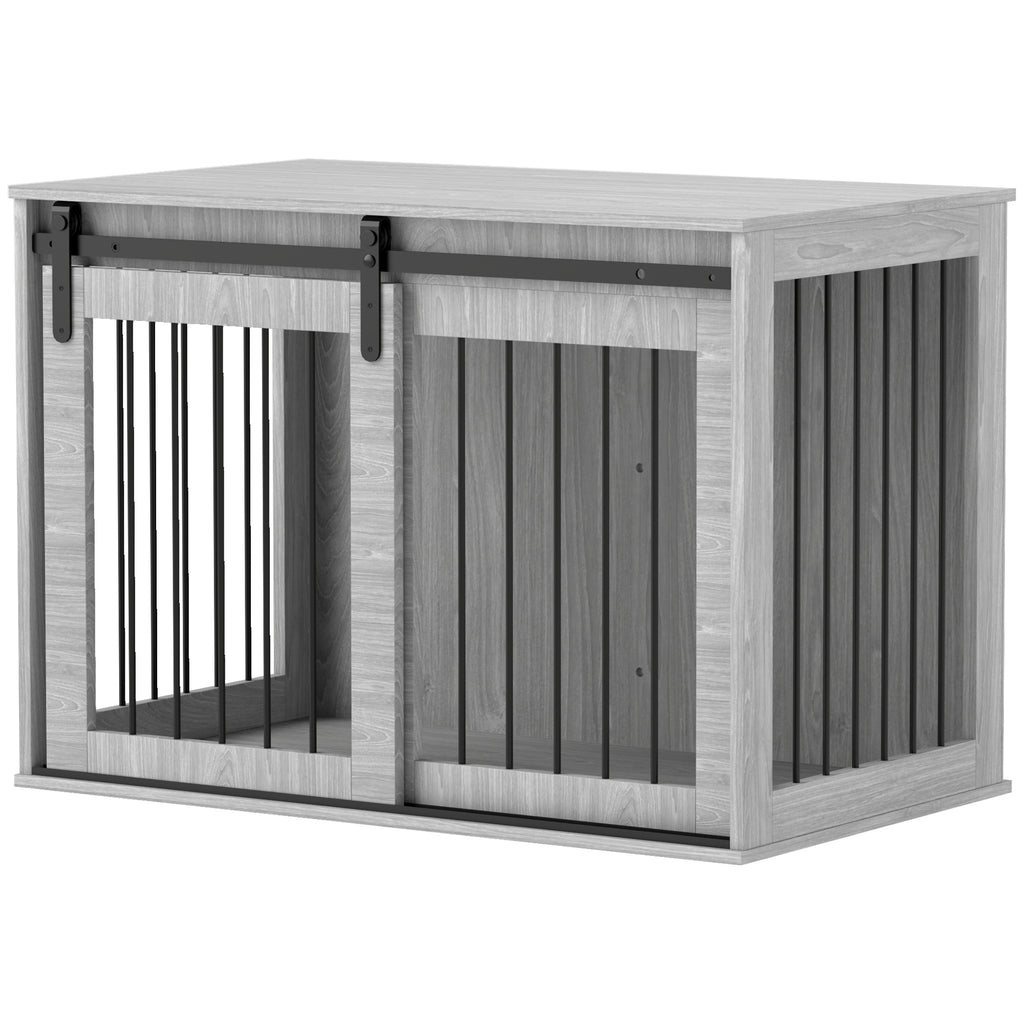 Hundebox mit Schiebetür, Belüftung, Spanplatte und Stahl, 98 x 58 x 61 cm, Grau