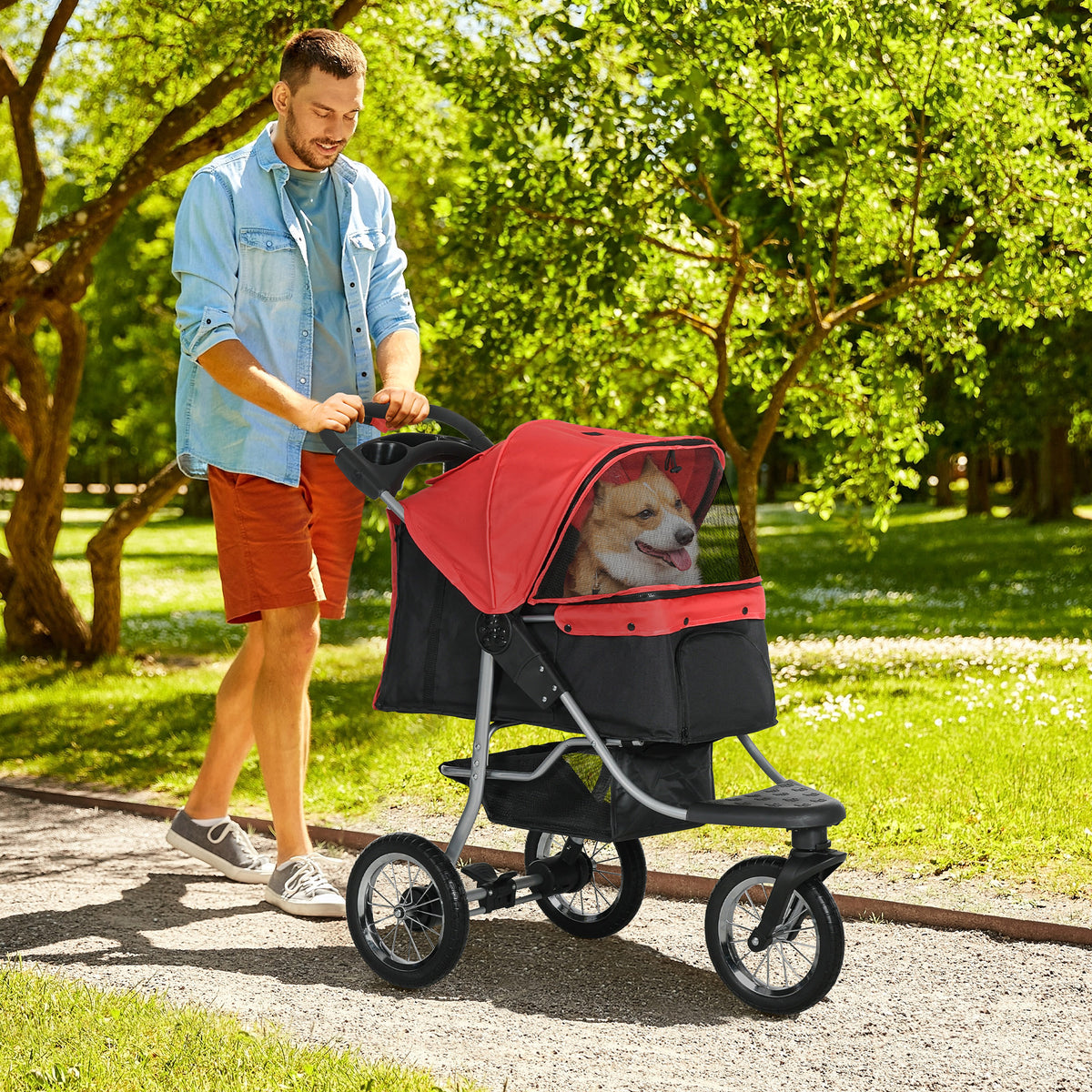 Hundewagen klappbar Hundebuggy für Hunde & Katzen bis 10 kg Katzenbuggy mit Netzfenstern Getränkbehalter Aufbewahrungskorb Katzenwagen Buggy Rot