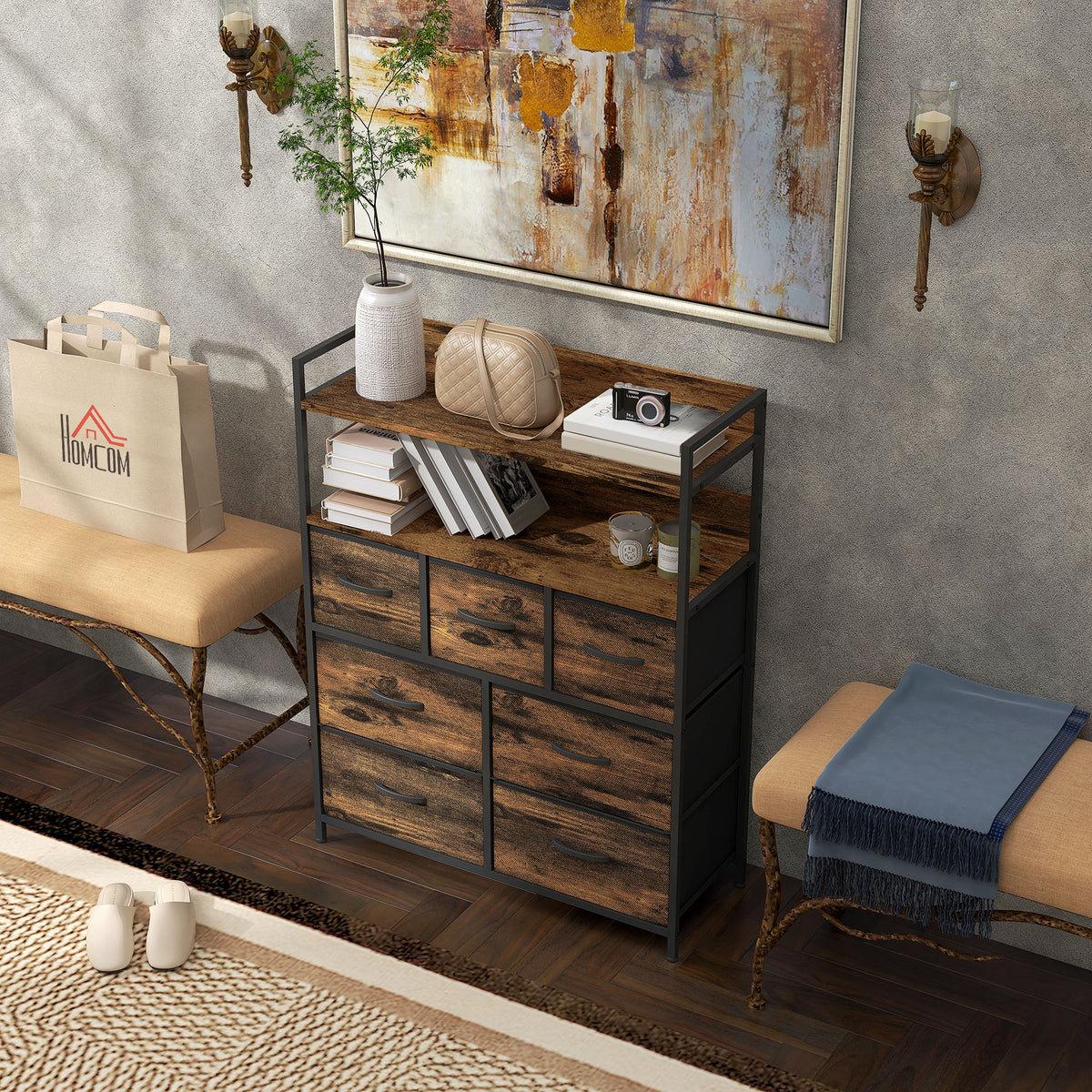 Rustic Chest of Seven Fabric Drawers - Rustic Brown