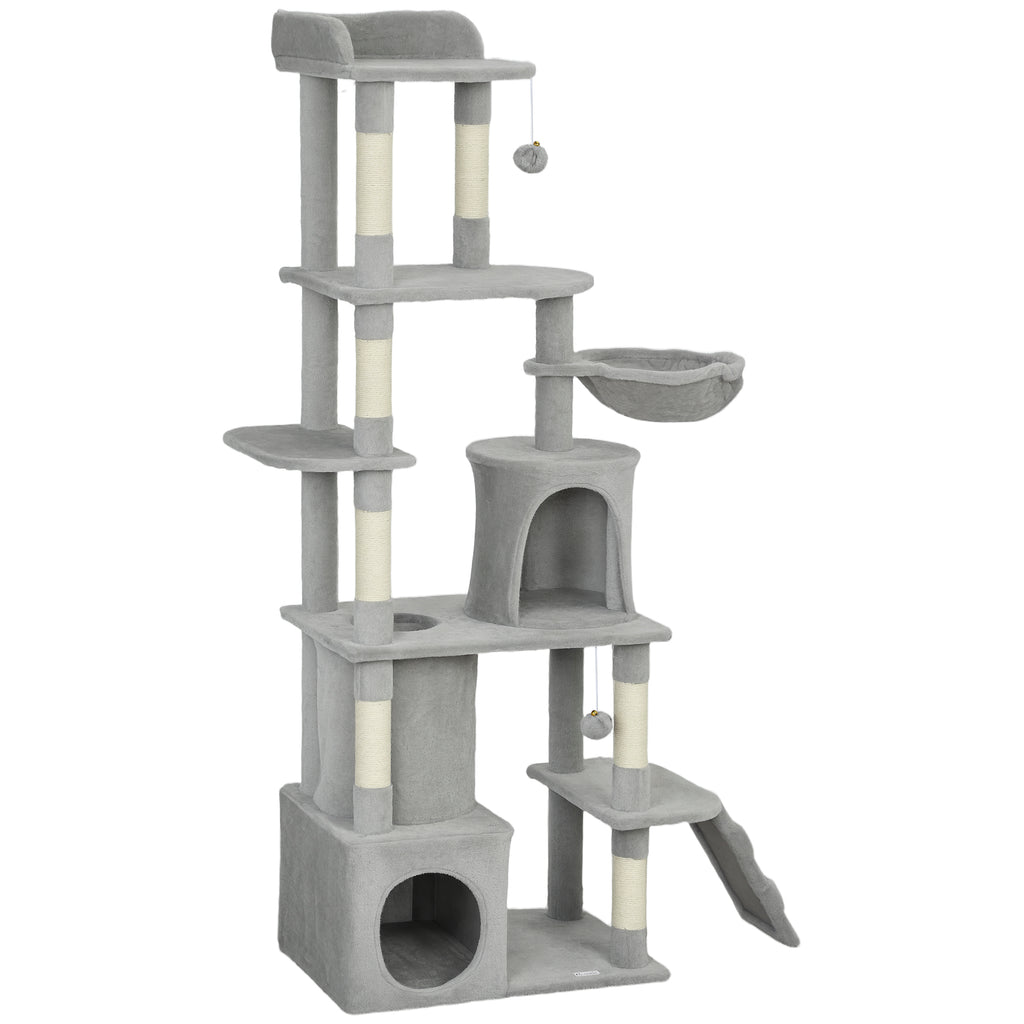 170 cm Large Cat Tree, Cat Tower with 7 Scratching Posts, Tunnel, 2 Condos, Hammock, Perch, Ramp, Pompoms, Light Grey