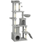 170 cm Large Cat Tree, Cat Tower with 7 Scratching Posts, Tunnel, 2 Condos, Hammock, Perch, Ramp, Pompoms, Light Grey