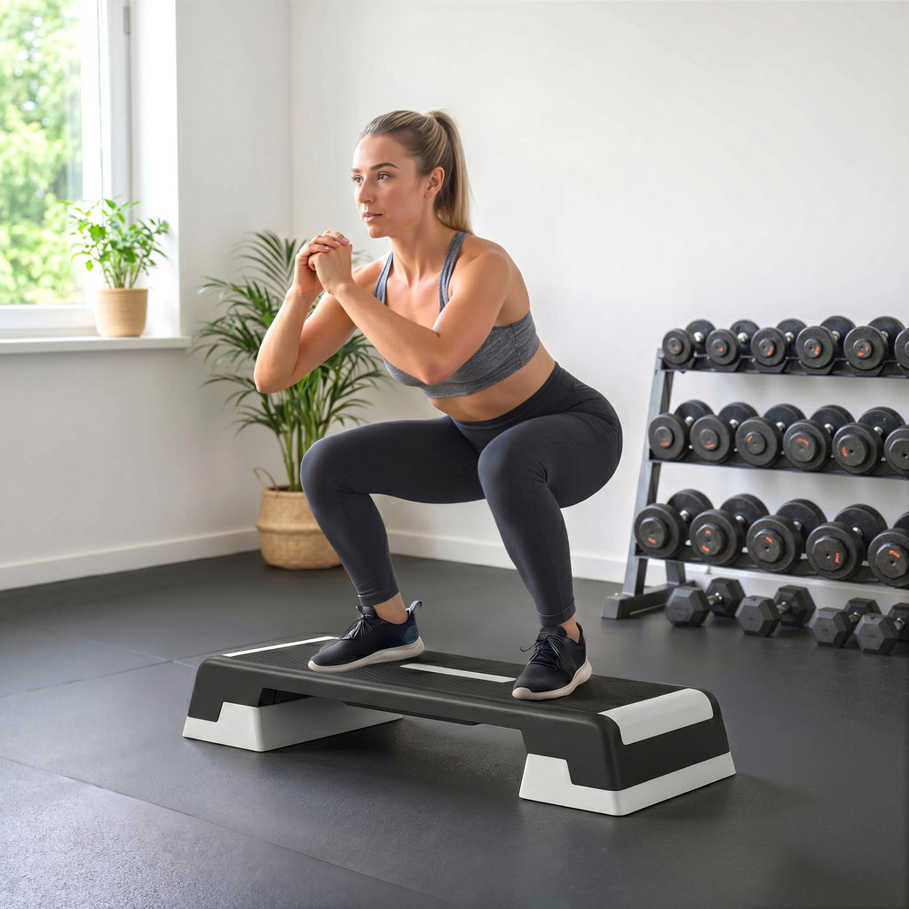 Steppbrett höhenverstellbar Fitness Aerobic Stepper mit 3 Stufen (15/20/25 cm), Anti-Rutsch-Matte Schwarz+Grau