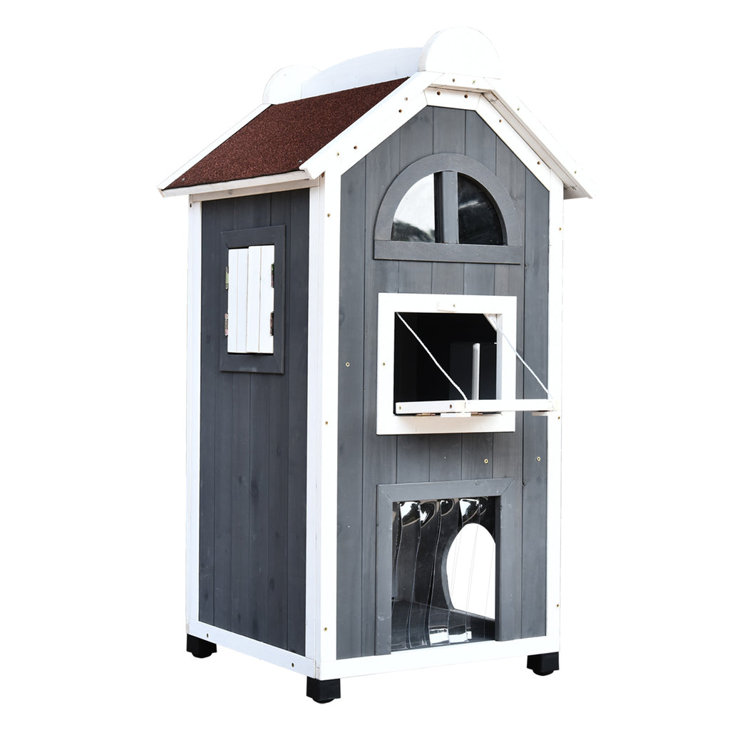 Katzenhaus für Draußen 2-stöckiges Katzenhaus aus Tannenholz, wetterfest Katzenhütte mit Asphaltdach, Grau, 59 x 55 x 109 cm