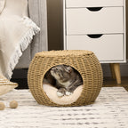 Katzenkorb Rattan zweistöckig Katzenbett Katzenkörbchen mit Kissen Vordertür für Katze unter 3,5 kg Ø40 x 30 cm