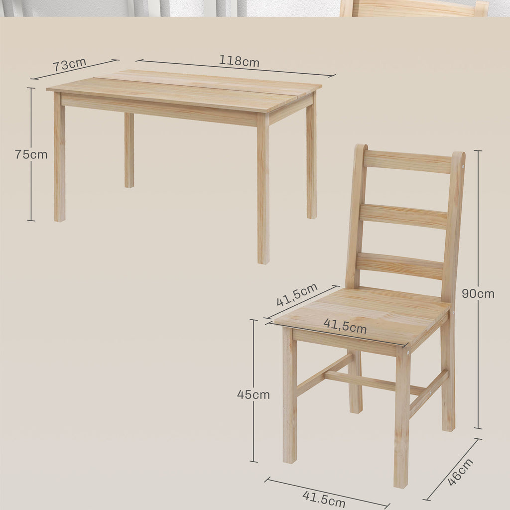 5-teilige Essgruppe Esstisch mit Stühlen Sitzgruppe, Massivholz, 118 cm x 73 cm x 75 cm, Natur