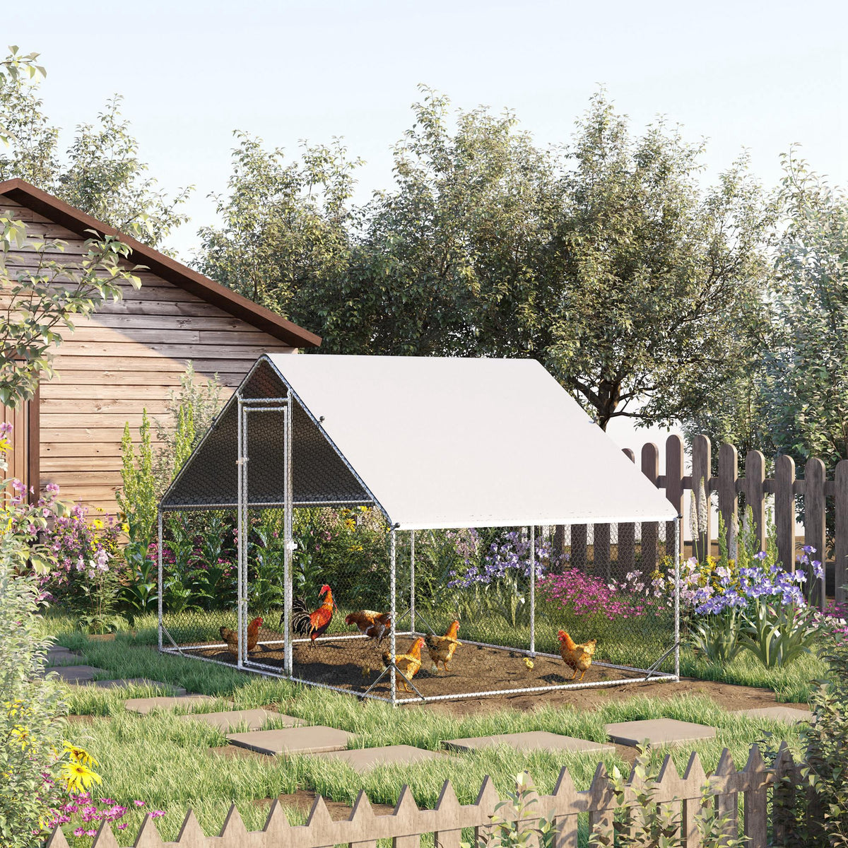 Hühnerstall, Freilaufgehege, Geflügelstall mit Schattendach, Freigehege für 4-6 Hühner, Enten Kaninchen, 3 x 2 x 2 m