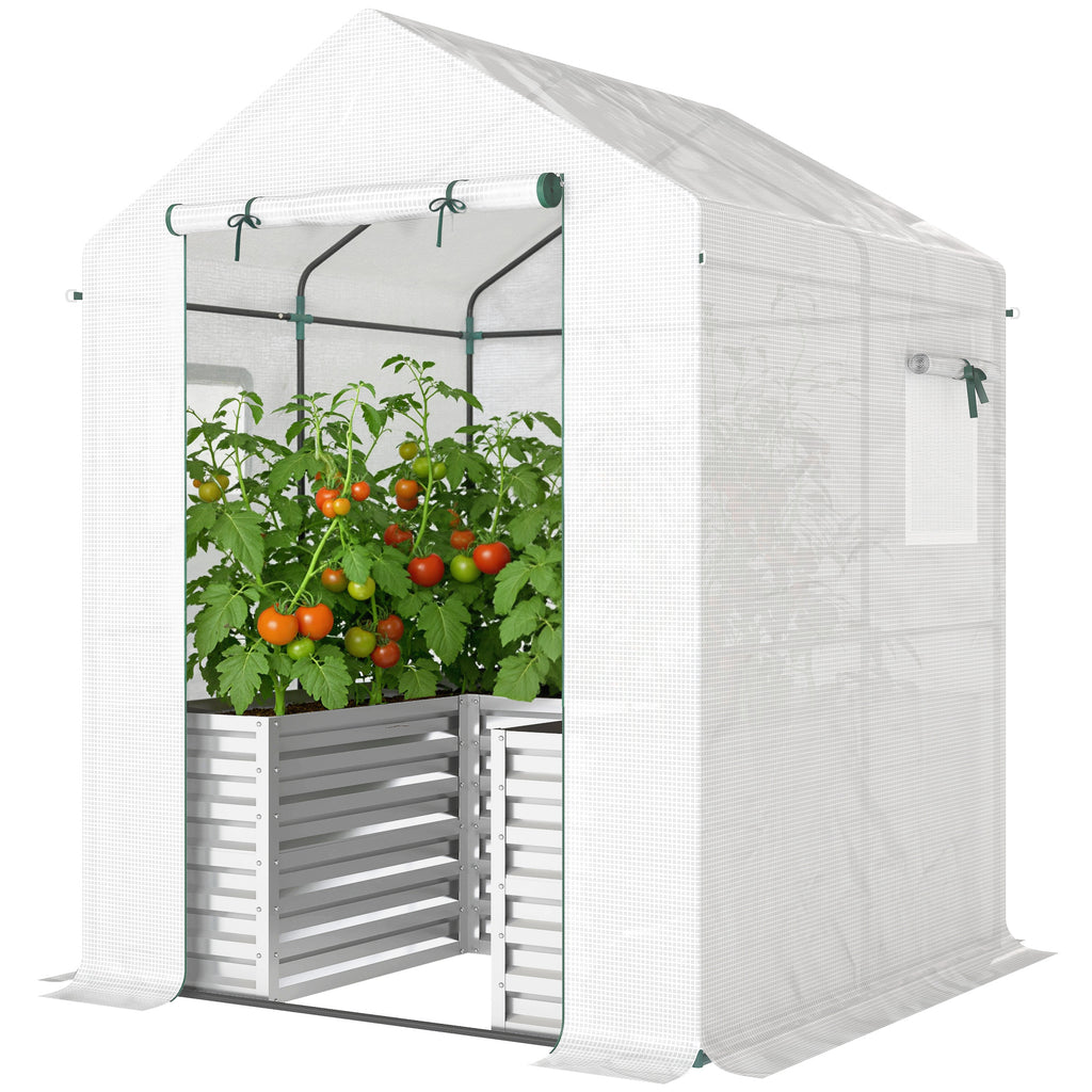 Tomatengewächshaus Foliengewächshaus mit Hochbeet Rolltor Fenster Schrägdach 141 x 141 x 190 cm Weiß