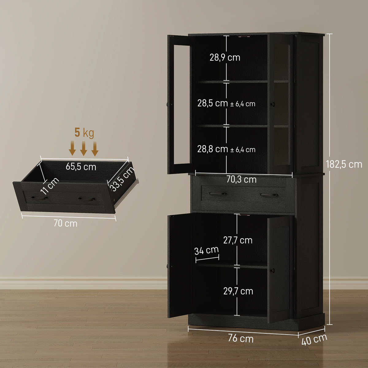 K¨¹chenschrank, Buffet, Acrylfront, Schubladen, 76 x 40 x 182,5 cm, Schwarz