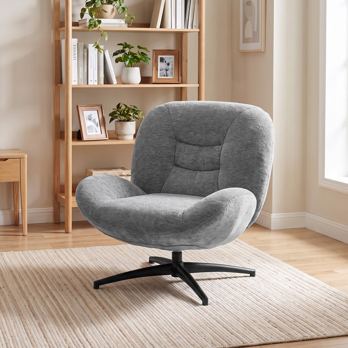 Sessel Wohnzimmer Drehbar Loungesessel mit Breiter Sitzfläche, Integrierter Armlehne, Chenille-Optik, Dunkelgrau