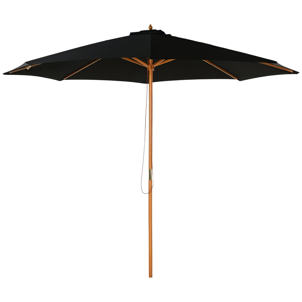 3(m) Garden Parasol, Pulley Operated Patio Umbrella, Wooden Parasol, Table Market Umbrella with Rope Pulley Mechanism and 8 Ribs, Black