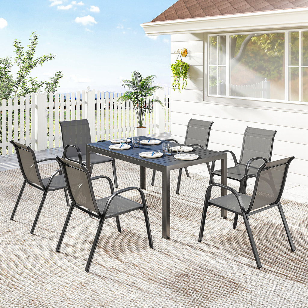 Gartenmöbel Set Sitzgruppe 7-teilig Tisch mit 6 Atmungsaktiven Stapelstühlen Lamelldesign Hellgrau