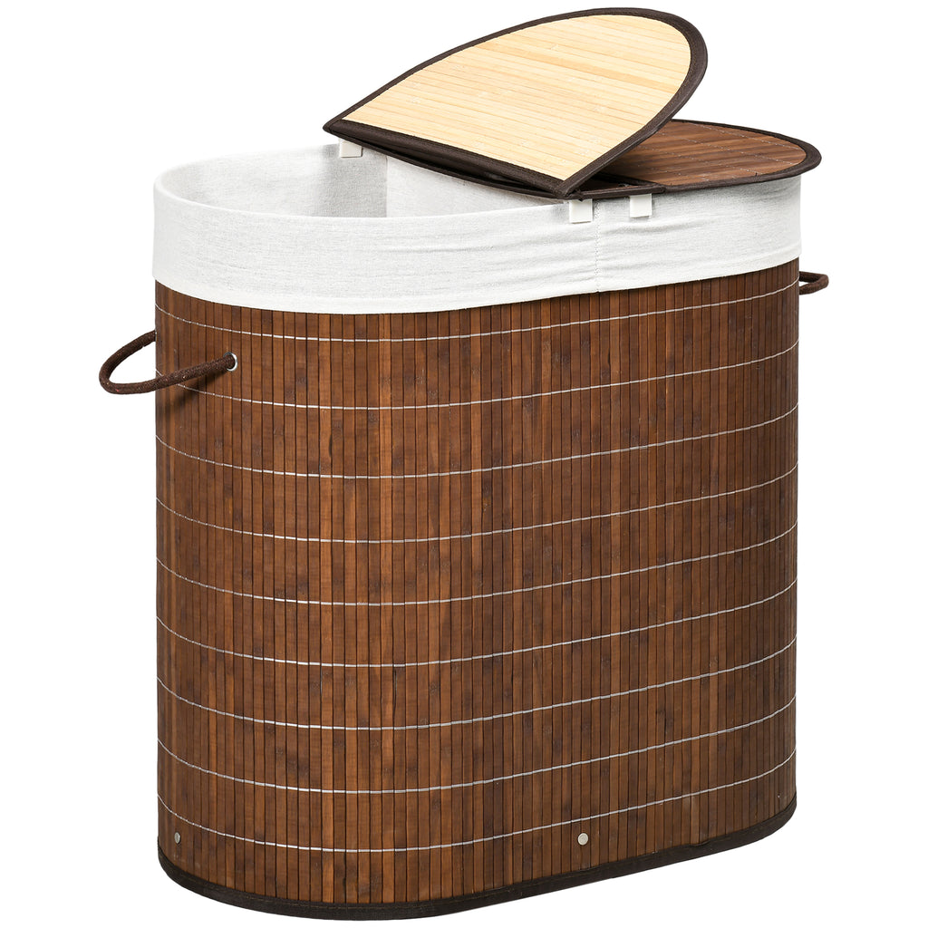 100L Bamboo Laundry Basket with Lid, Washing Basket with 2 Compartments, Handles, Removable Liner, Brown