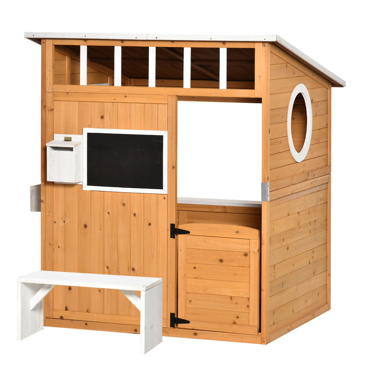 Kinderspielhaus aus Naturholz, mit Briefkasten und Blumenkasten, Natur