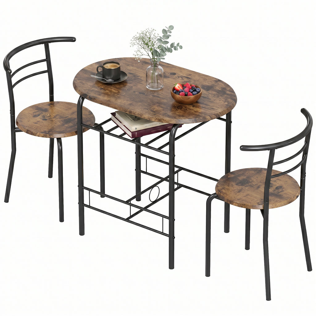 Essgruppe 3-teilig, Küchentisch und Stühle für 2 Personen mit Regal, Wohnzimmer, Rustikal-Braun Holz-Optik