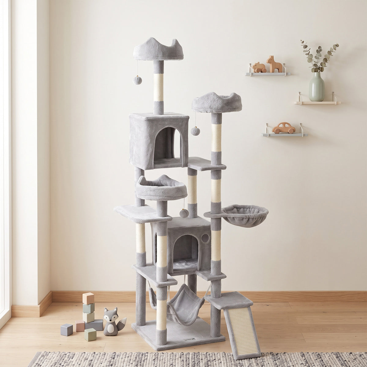 Cat Tree, 192 cm Large Multi-Level Cat Tower for Indoor Kittens with 8 Scratching Posts, 3 Plush Beds, 2 Hammocks