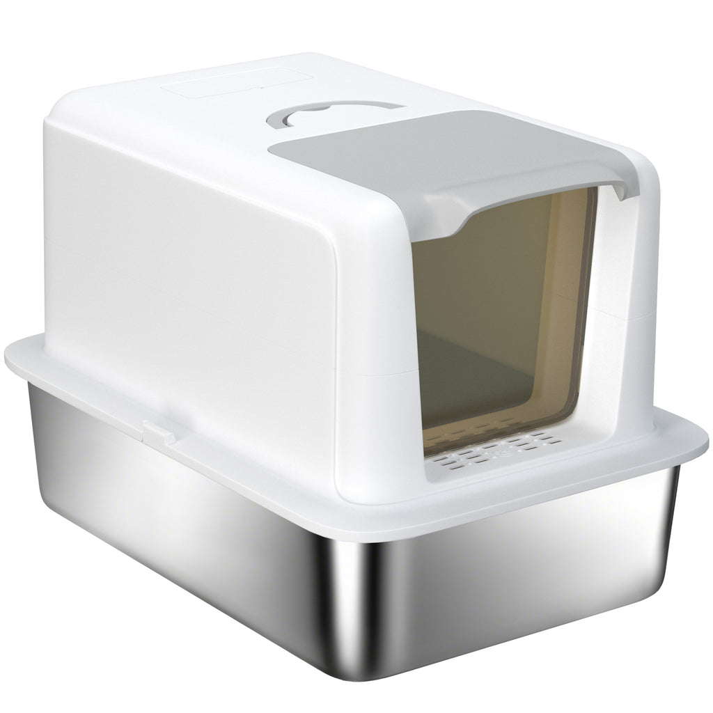 Stainless Steel Cat Litter Box with Removable Lid, Scoop, Filter Bags, for Larger Cats, White