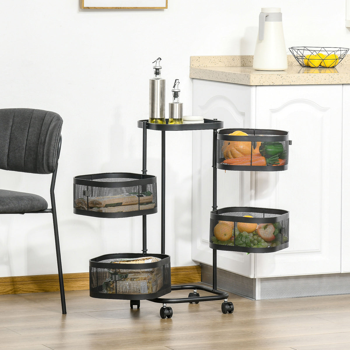 Metal Storage Cart, 4-Tier Storage Trolley on Wheels with 4 Mesh Baskets and Top Tray, Black