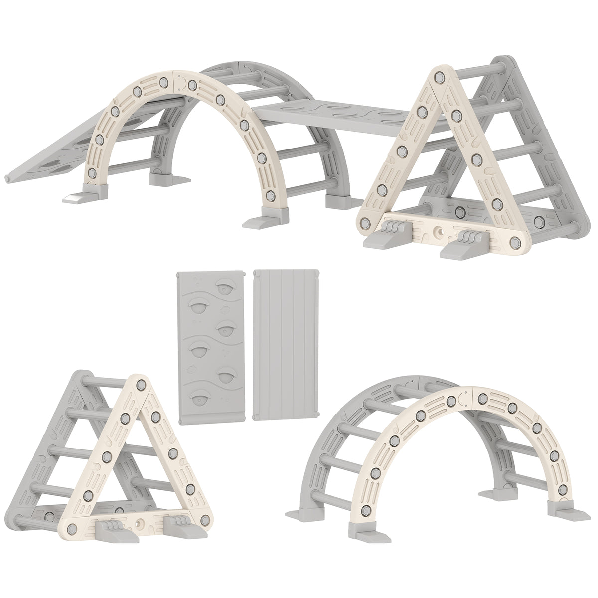 5 in 1 Kletterger¨¹st Montessori Indoor, Kletterdreieck mit Rutsche, Kletterbogen, doppelseitige Rampe, Spielplatz Indoor f¨¹r Kinder 18-48 Monate, Grau+Wei?