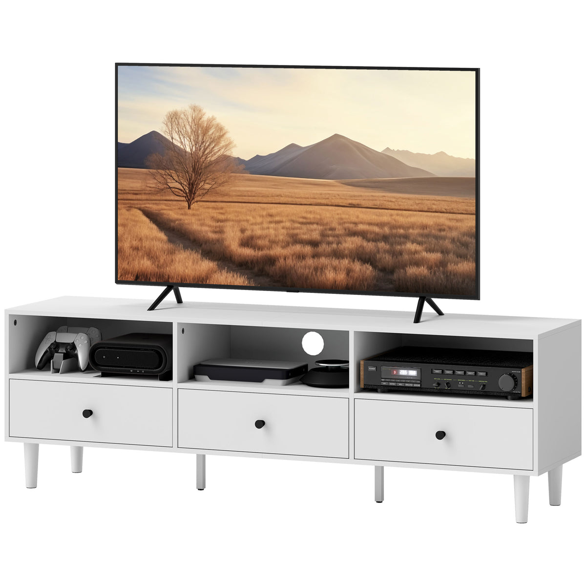 TV-Kommode, TV-St?nder f¨¹r 75-Zoll-Bildschirme, 3 offene F?cher, 3 Schubladen, Spanplatte, Wei?