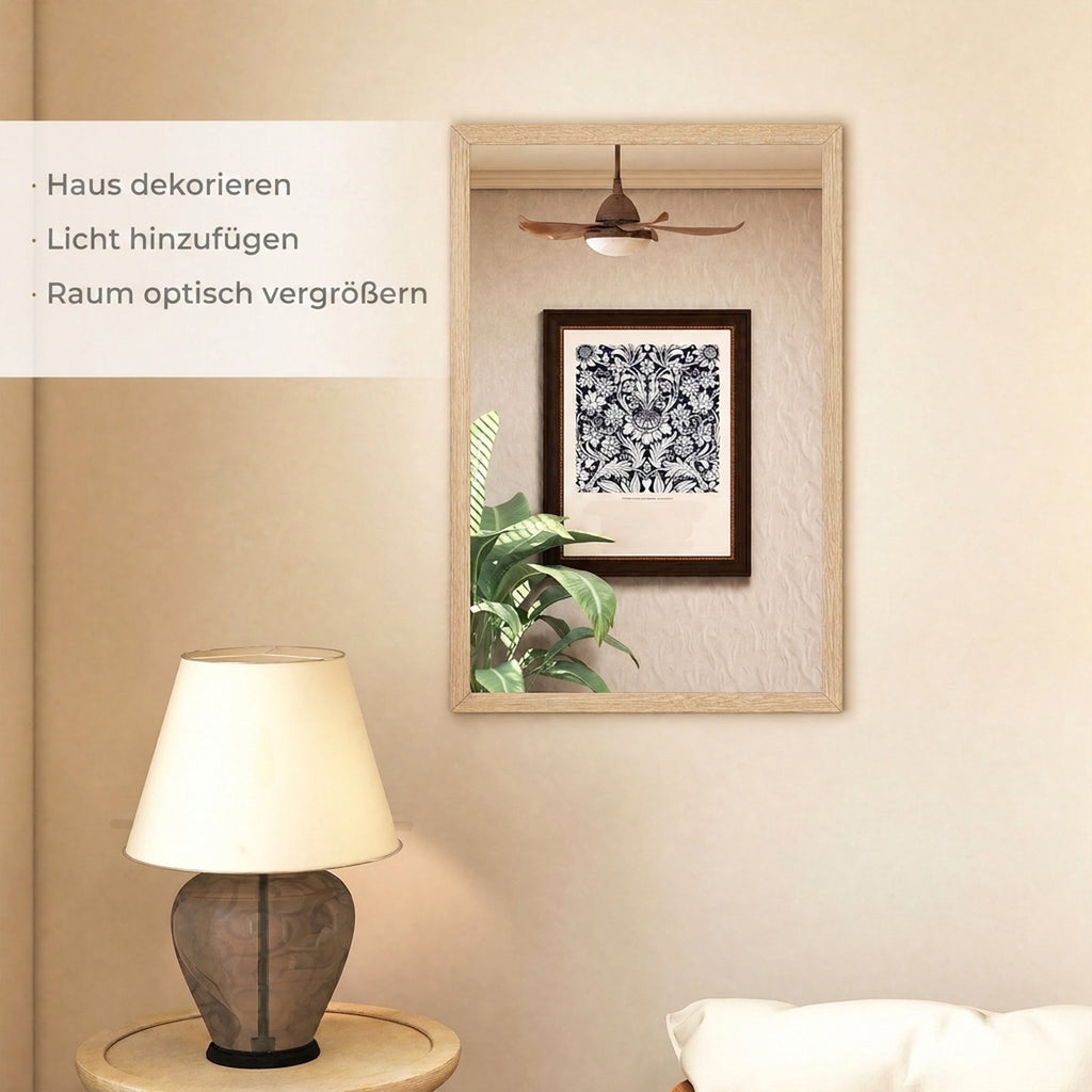 Wall Bathroom Mirror, 60 x 40 cm Wall-Mounted Mirror for Living Room, Bedroom, Hallway, Natural Wood Finish