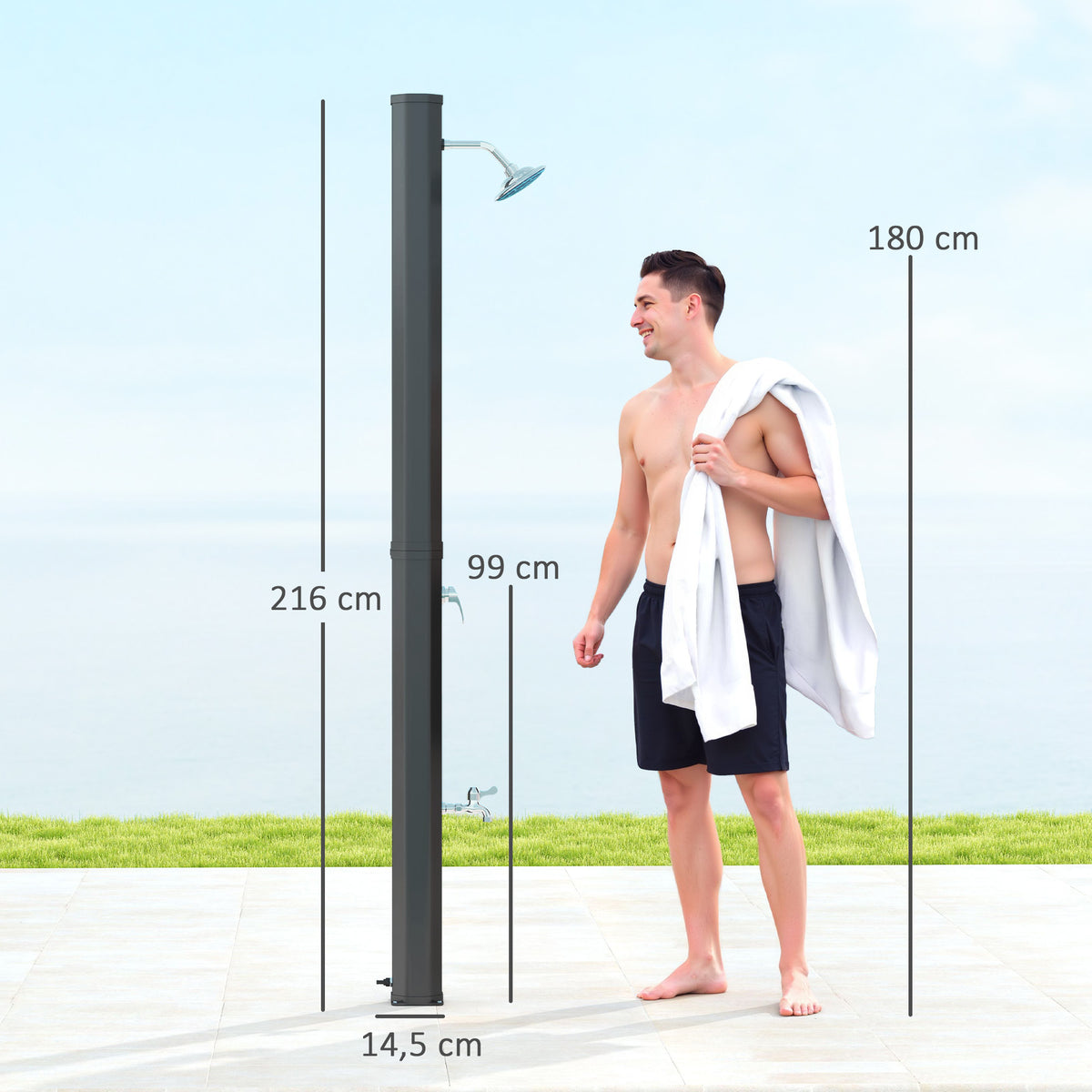Solardusche 35 Liter Solar Gartendusche mit Wasserhahn Duschkopf Handbrause seitliche Tablett, bis 55 °C Schwarz
